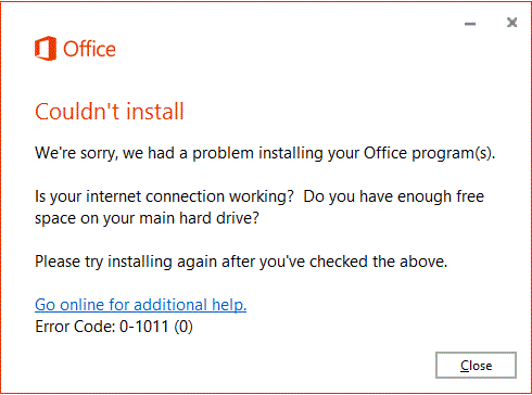 Office no pudo instalar los códigos de error 0-1011, 30088-1015, 30183-1011  o 0-1005.