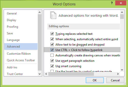 Habilitar o deshabilitar el acceso directo Ctrl+Click para abrir hipervínculos en Word 3