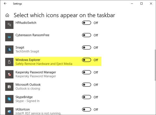 Mostrar u ocultar el icono Quitar hardware de forma segura en Windows 10