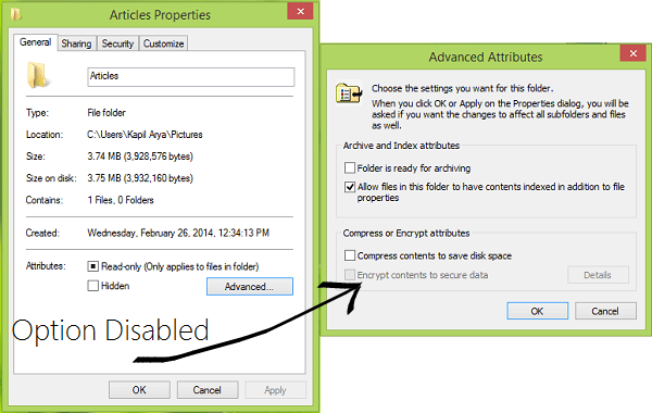 síndrome Apto todos los días La opción Cifrar contenido para proteger los datos está desactivada en  Windows 10/8.