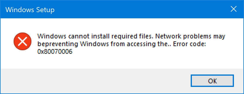 Fijar el código de error de Windows 10 Setup 0x80070006