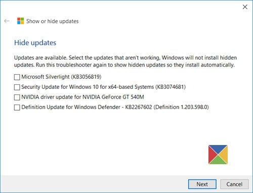 La herramienta Mostrar u ocultar actualizaciones bloqueará las actualizaciones de Windows no deseadas en Windows 10.