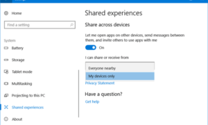 Activar o desactivar la característica Experiencias compartidas en Windows 10