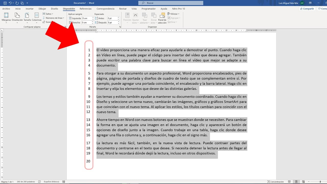 Anadir numeros de linea en el documento de word 2013