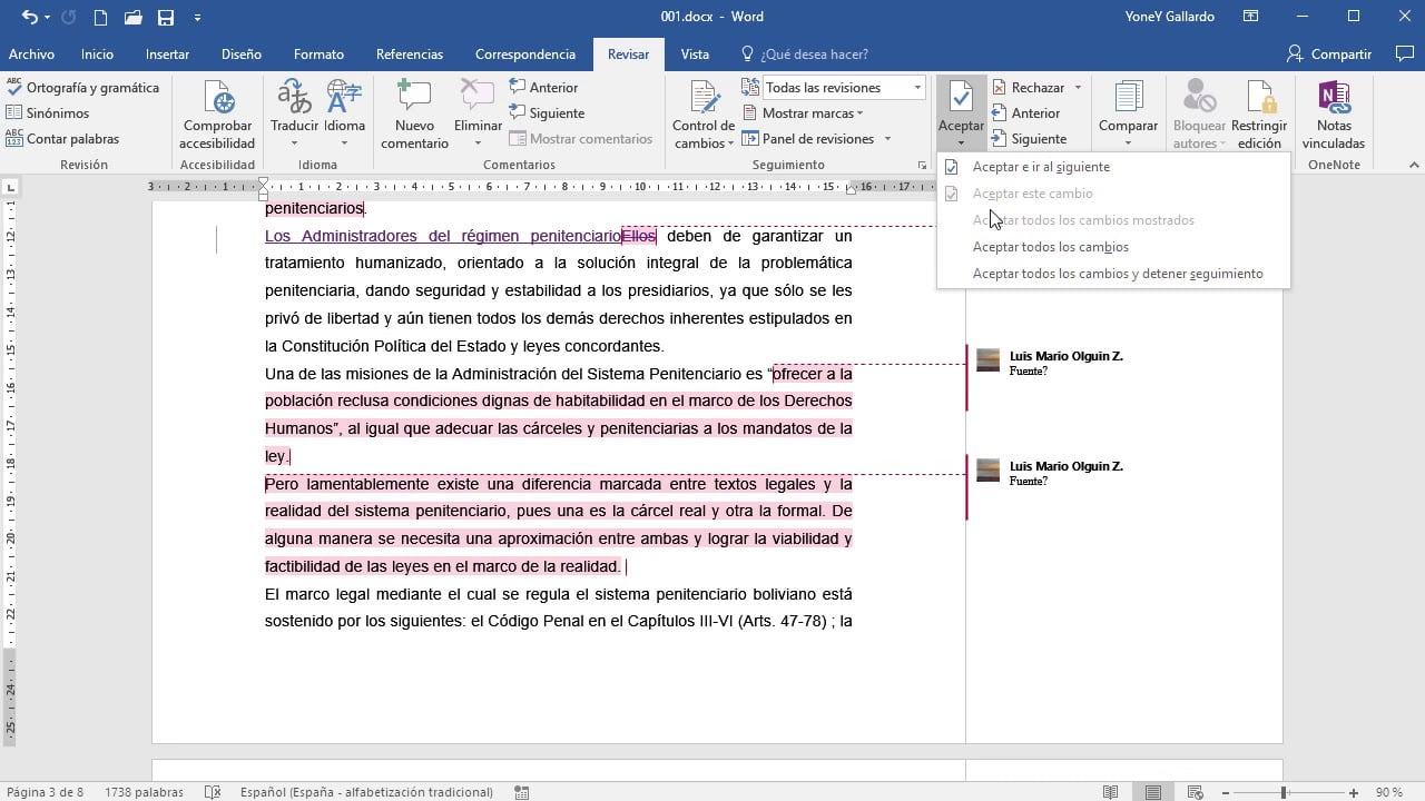 Como insertar o eliminar comentarios en un documento de microsoft word