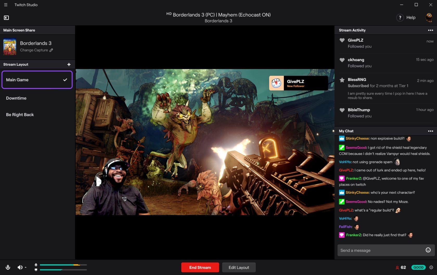 Interfaz de Twitch Studio para streaming