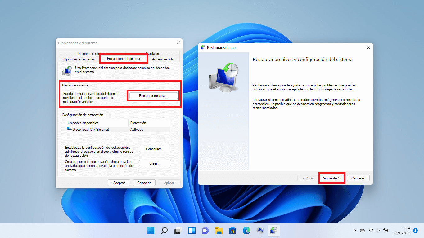 Restaurar Windows 11 a punto de restauración anterior