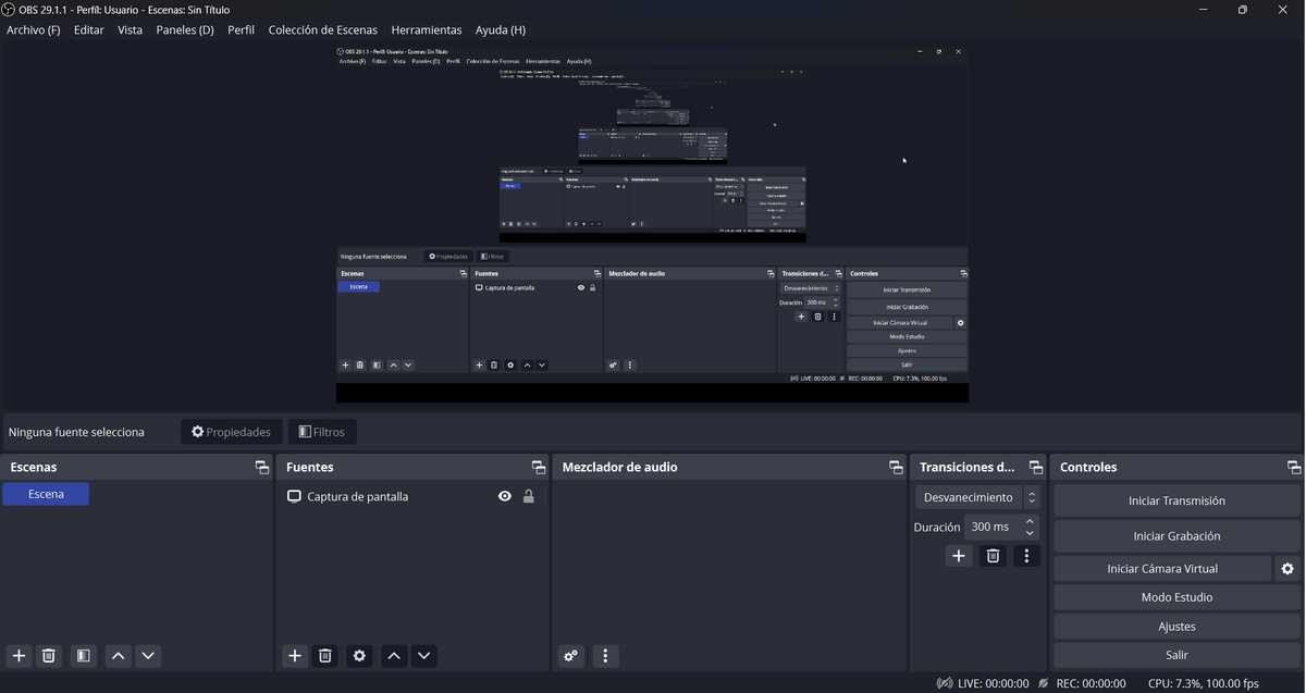 Interfaz de OBS con escenas