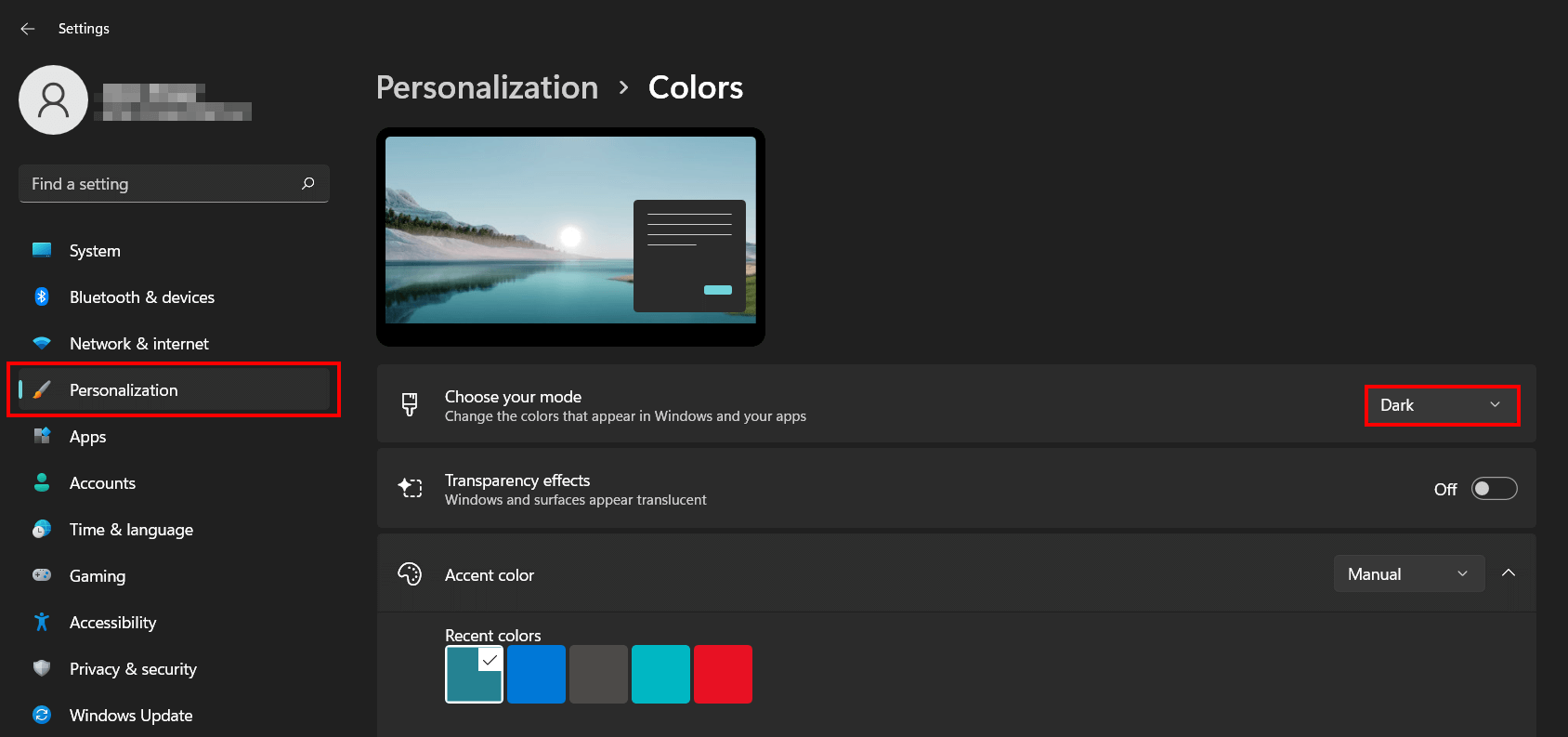 Modo oscuro de Windows 11