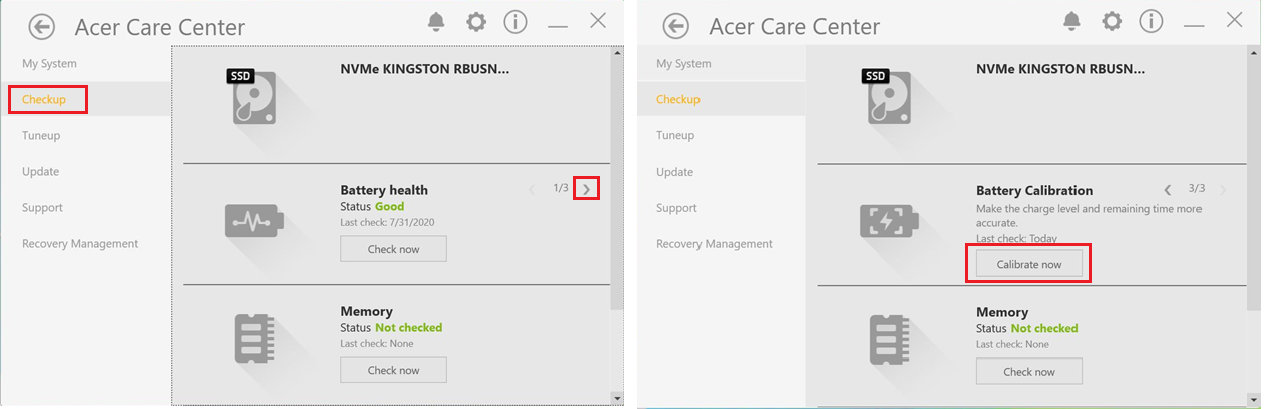Panel principal Acer Care Center