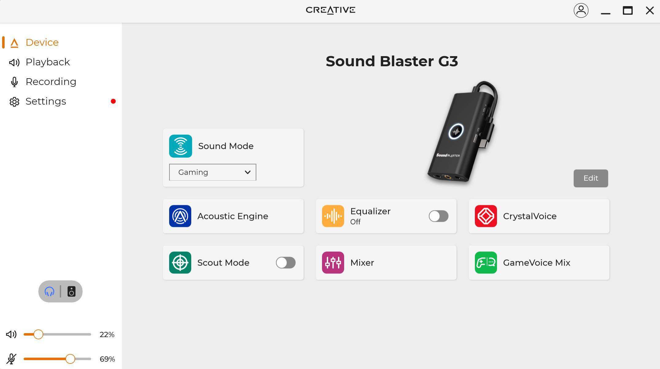 Panel de control Creative y SBX Pro Studio