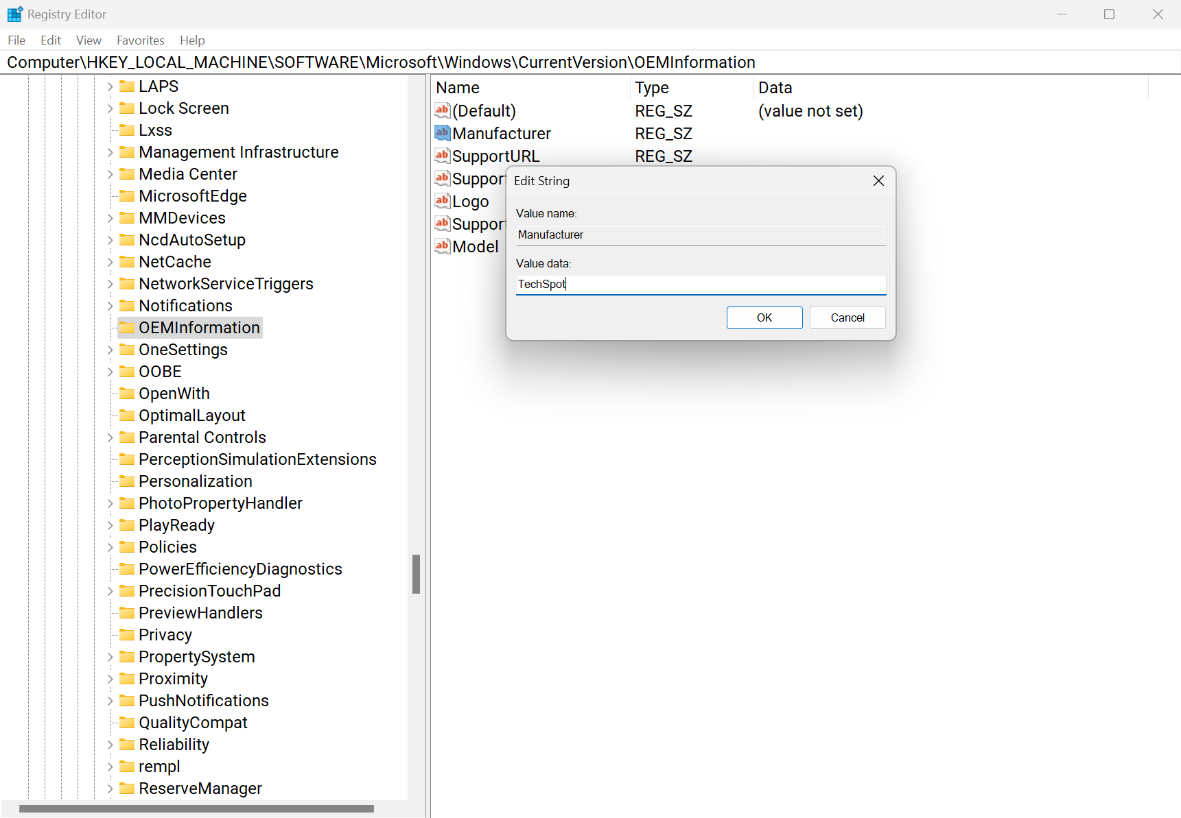 Configuración de información OEM en Windows