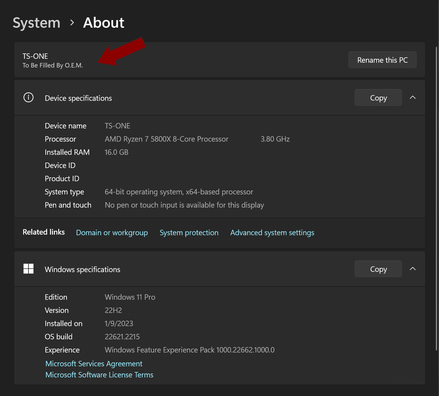 Ventana de sistema con datos OEM en Windows