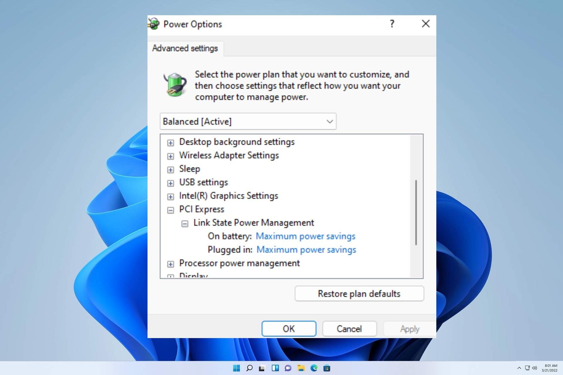Configuración PCIe Link State Power Management