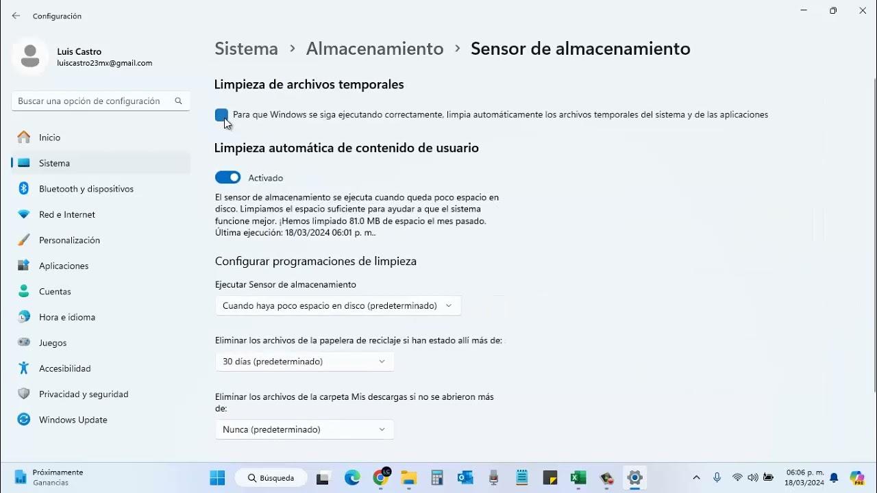 Sensor de almacenamiento en Windows