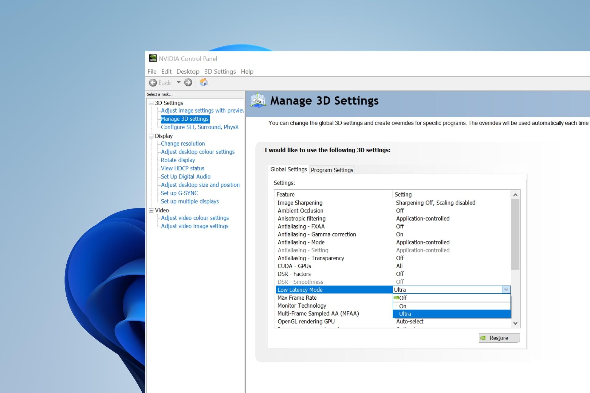 Configuración NVIDIA Control Panel para baja latencia