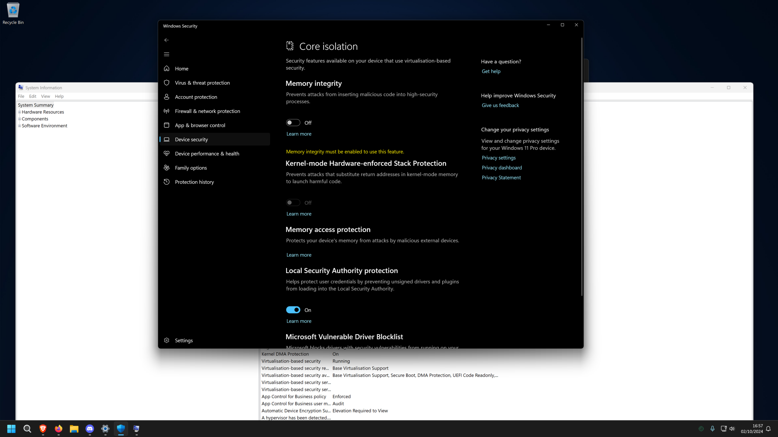 Funcionamiento de Memory Integrity en Windows