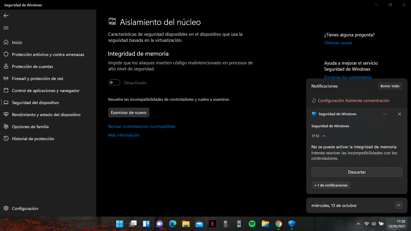 Configuración de integridad de memoria en Windows 11