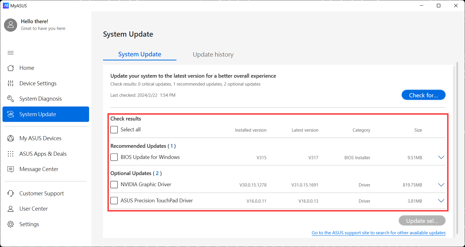Página de soporte ASUS para drivers y manuales