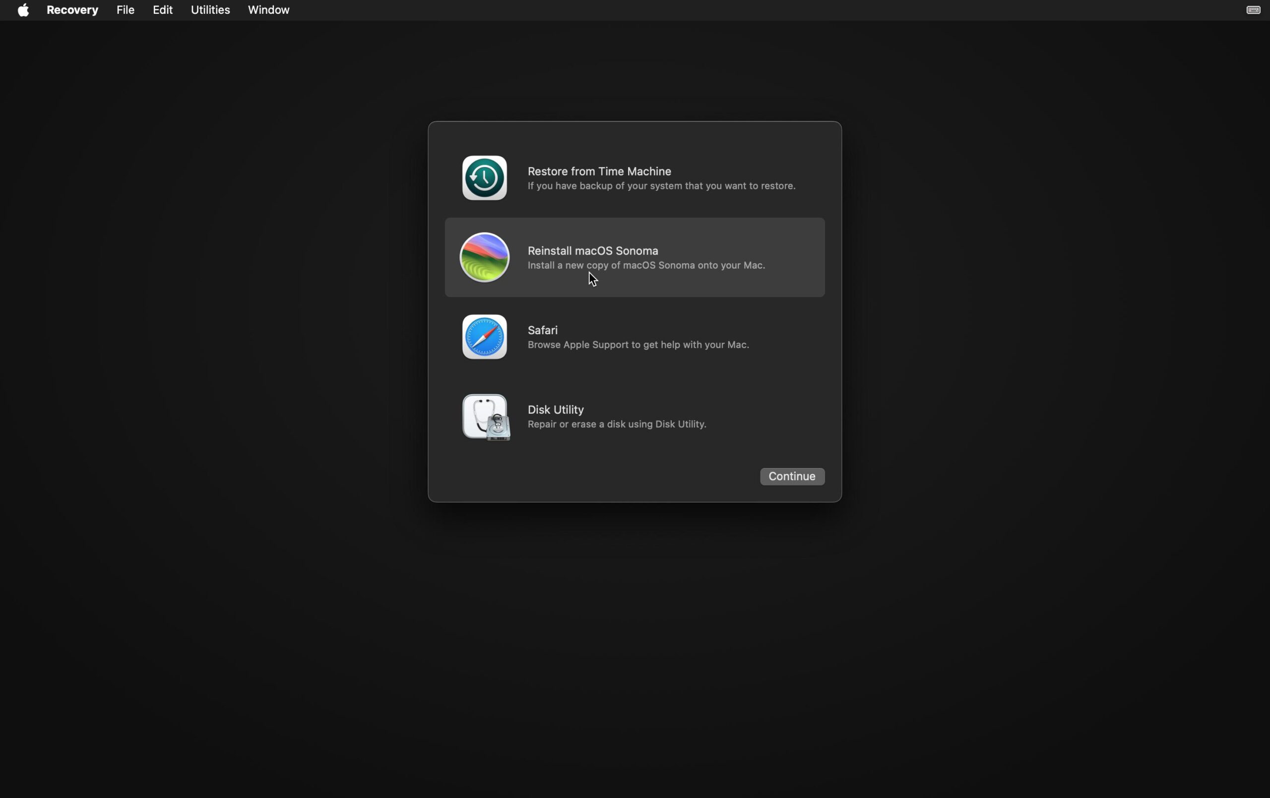 Interfaz de utilidades de recuperación de macOS