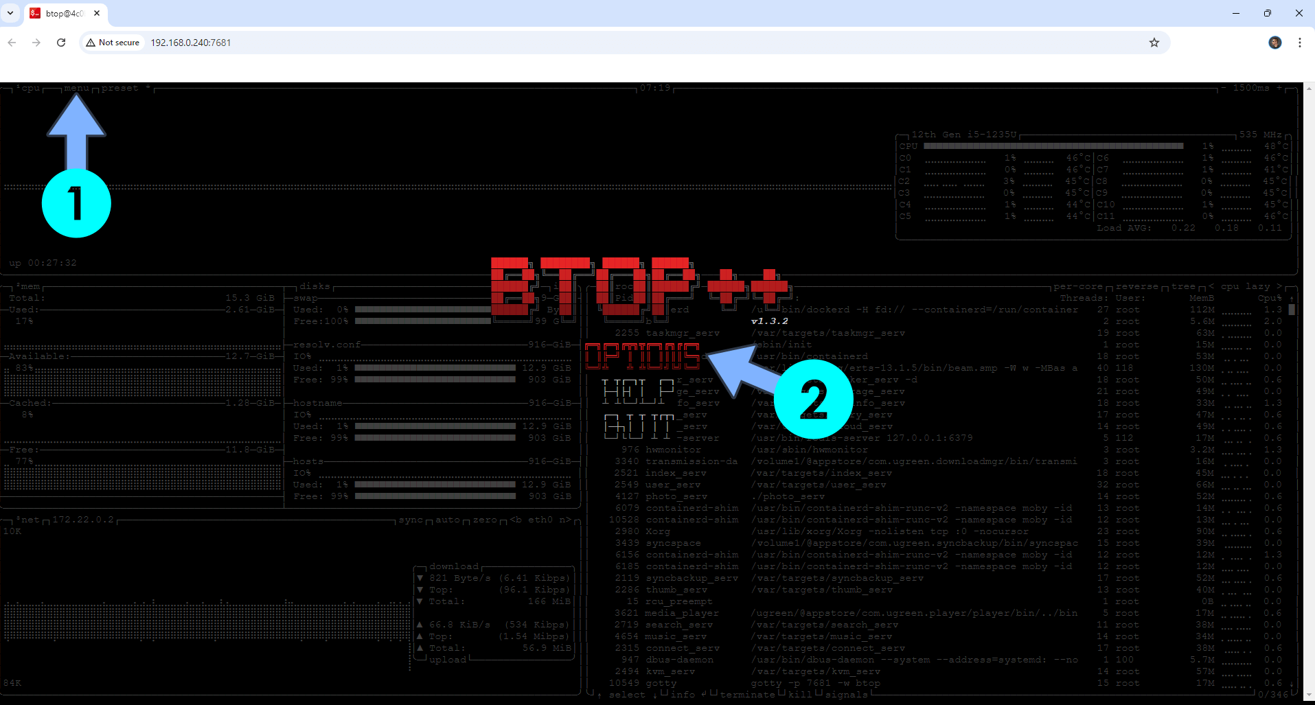 Características de btop++ en la terminal Características de btop++ en la terminal