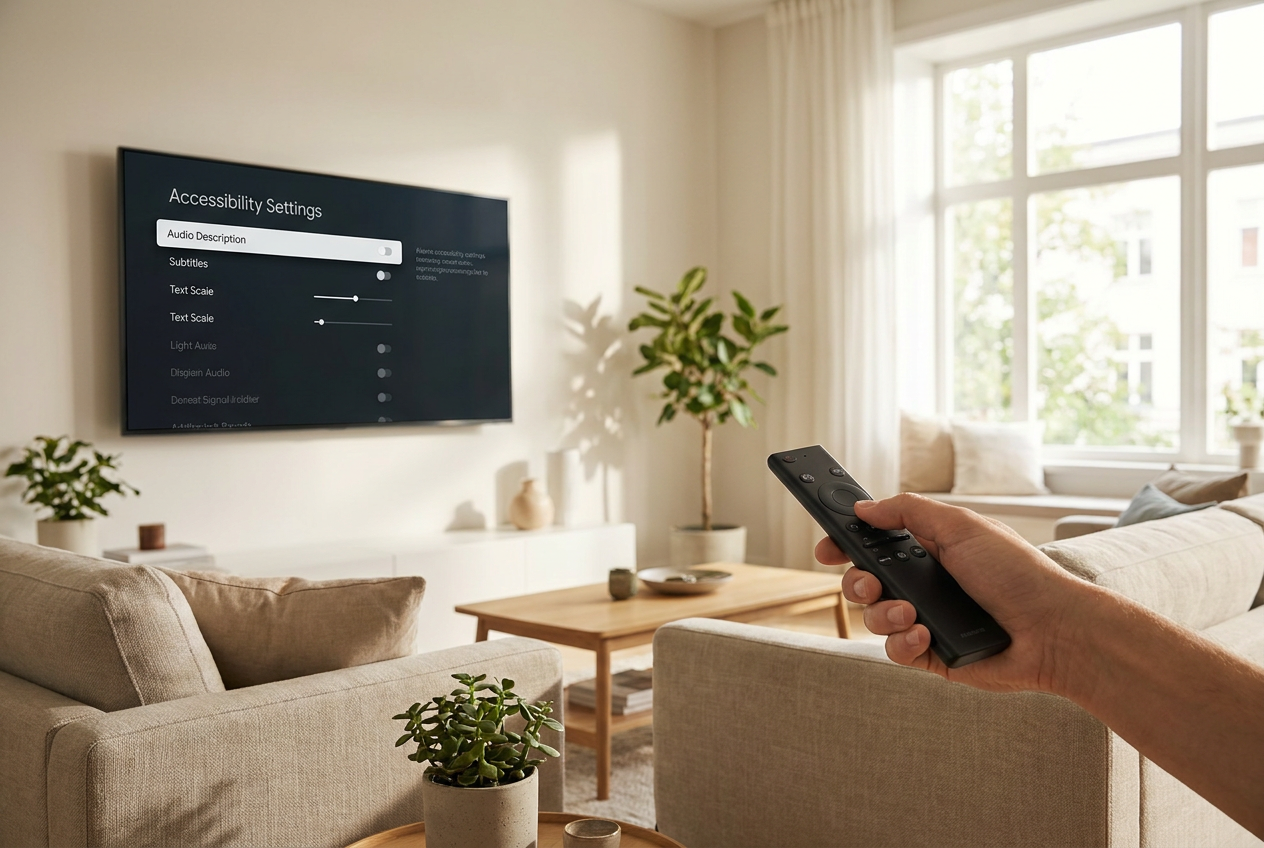 Menú de ajustes de accesibilidad en una Smart TV con opciones de audio descriptivo y escala de texto.