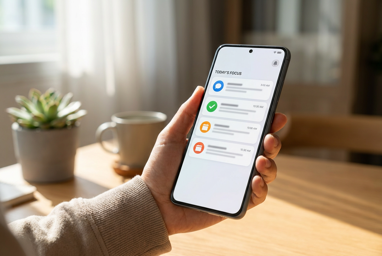 Primer plano de una mano sosteniendo un smartphone con una interfaz de notificaciones genérica y limpia en una oficina iluminada, representando la productividad y el enfoque.