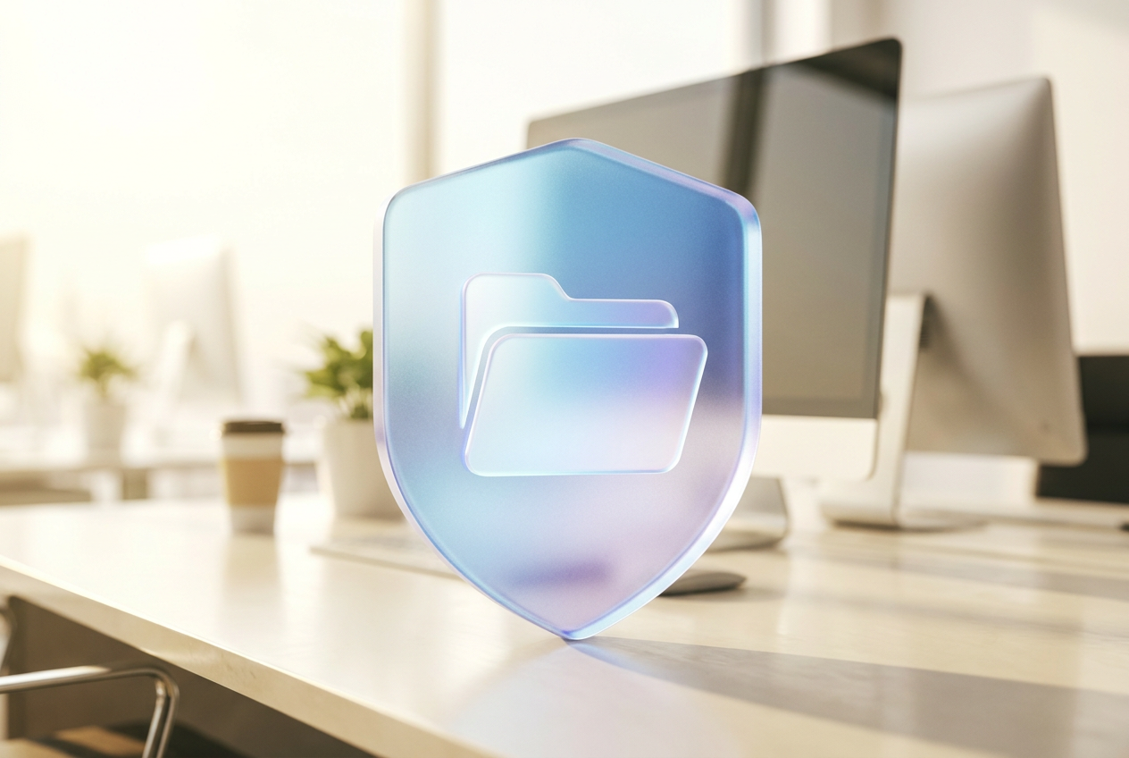 Representación conceptual en 3D de un escudo de cristal esmerilado protegiendo datos digitales, siguiendo la estética Fluent Design de Windows 11.