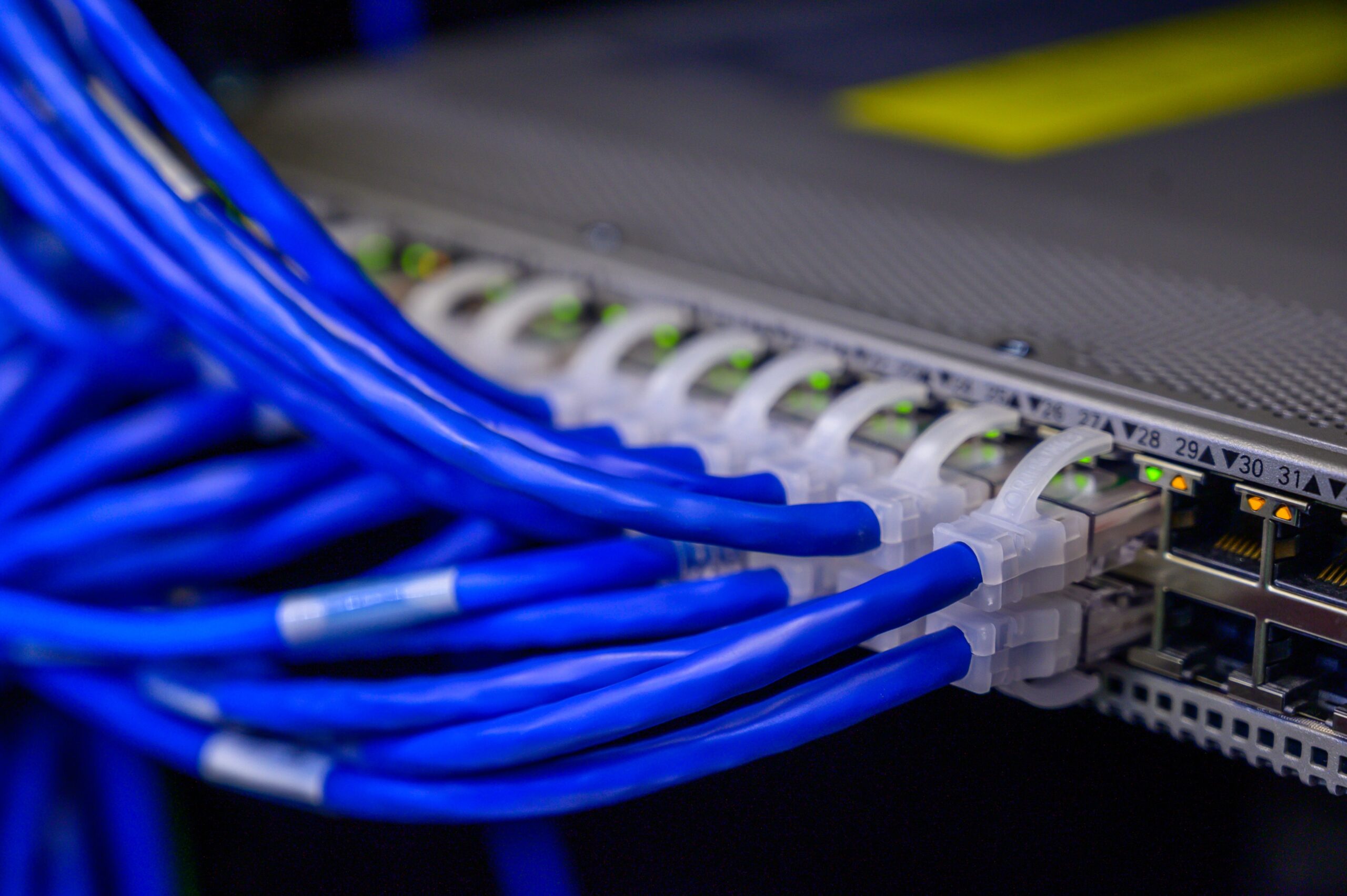 Primer plano de cables Ethernet azules conectados a un switch de red, ilustrando la conectividad física y el hardware de red.