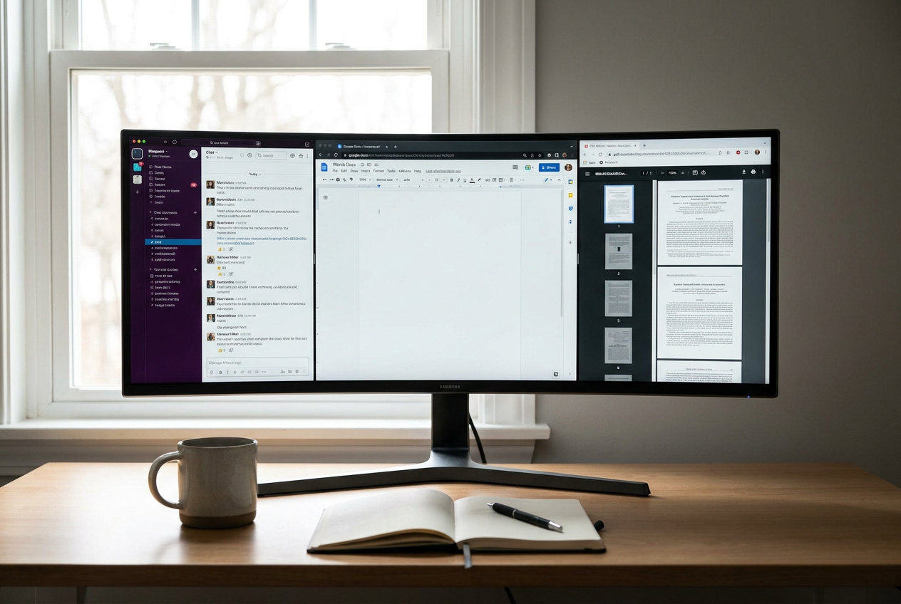 Ejemplo de distribución de ventanas en un monitor ultrapanorámico: aplicación de chat a la izquierda, editor de texto al centro y navegador a la derecha.