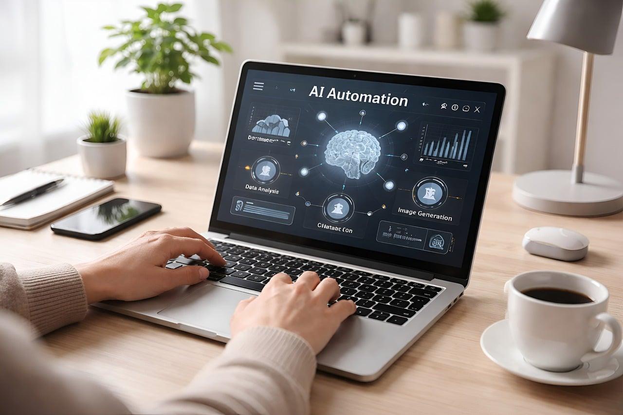 Espacio de trabajo moderno y luminoso enfocado en la productividad y la automatización mediante inteligencia artificial.