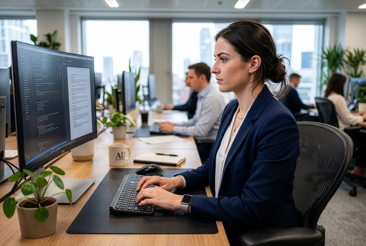 Profesional trabajando en una oficina moderna con una pantalla dividida que muestra automatización de procesos y redacción de textos.