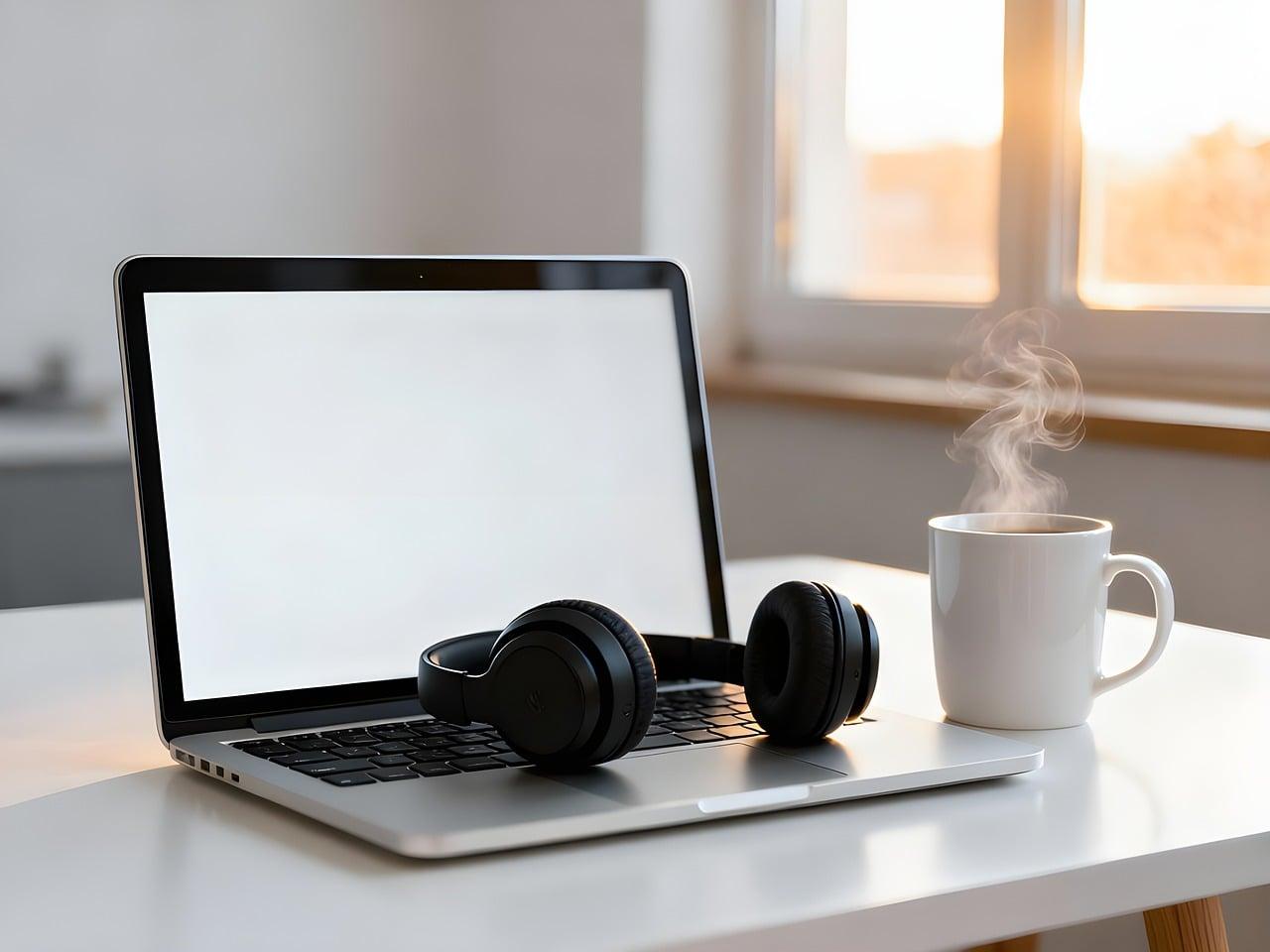 Escritorio de oficina minimalista con ordenador portátil, auriculares y una taza de café, representando un entorno de trabajo tranquilo y productivo.