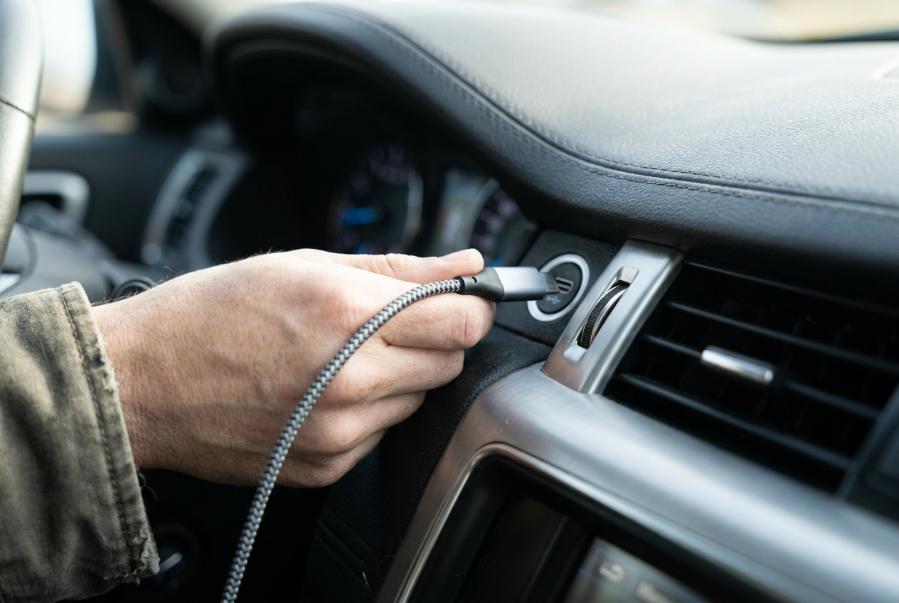 Detalle de una mano conectando un cable USB-C de alta calidad en el puerto del salpicadero de un coche