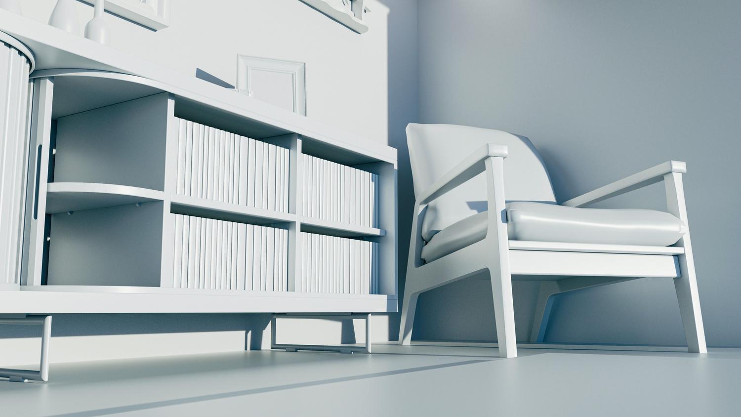 Renderizado 3D fotorrealista de un interior minimalista moderno, ejemplo del resultado final obtenido mediante la optimización de hardware en Blender para Archviz.