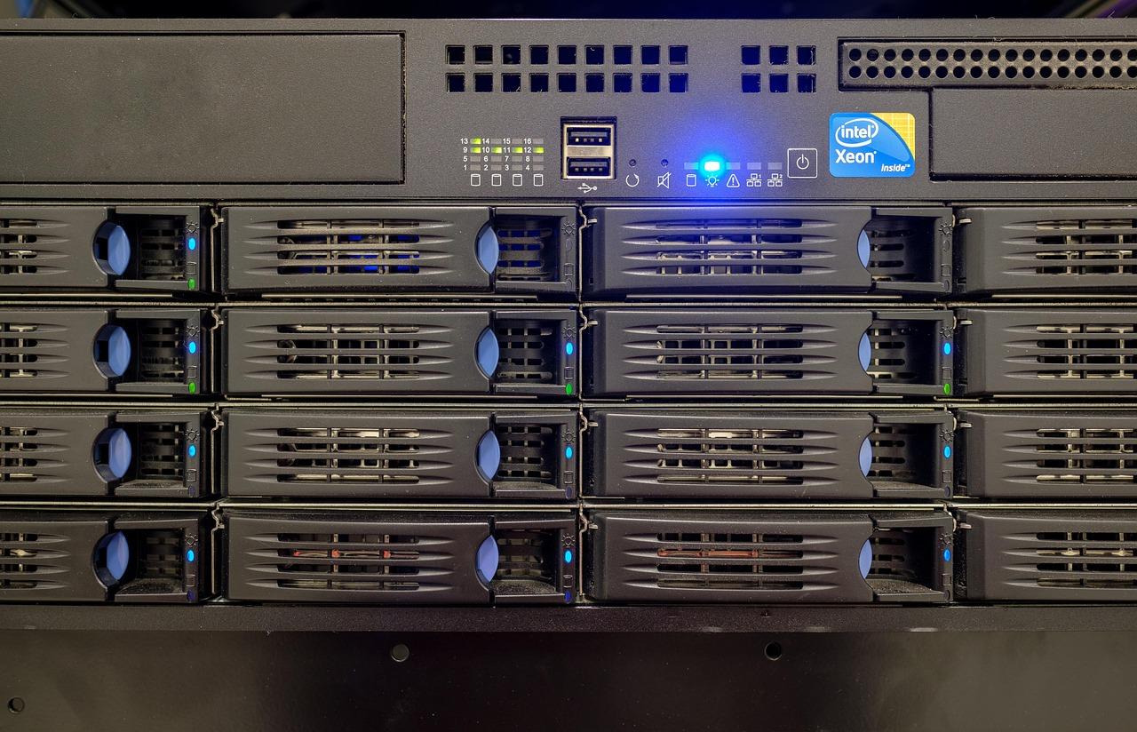 Detalle de las bahías de discos duros de un servidor, representando la infraestructura de almacenamiento de red.