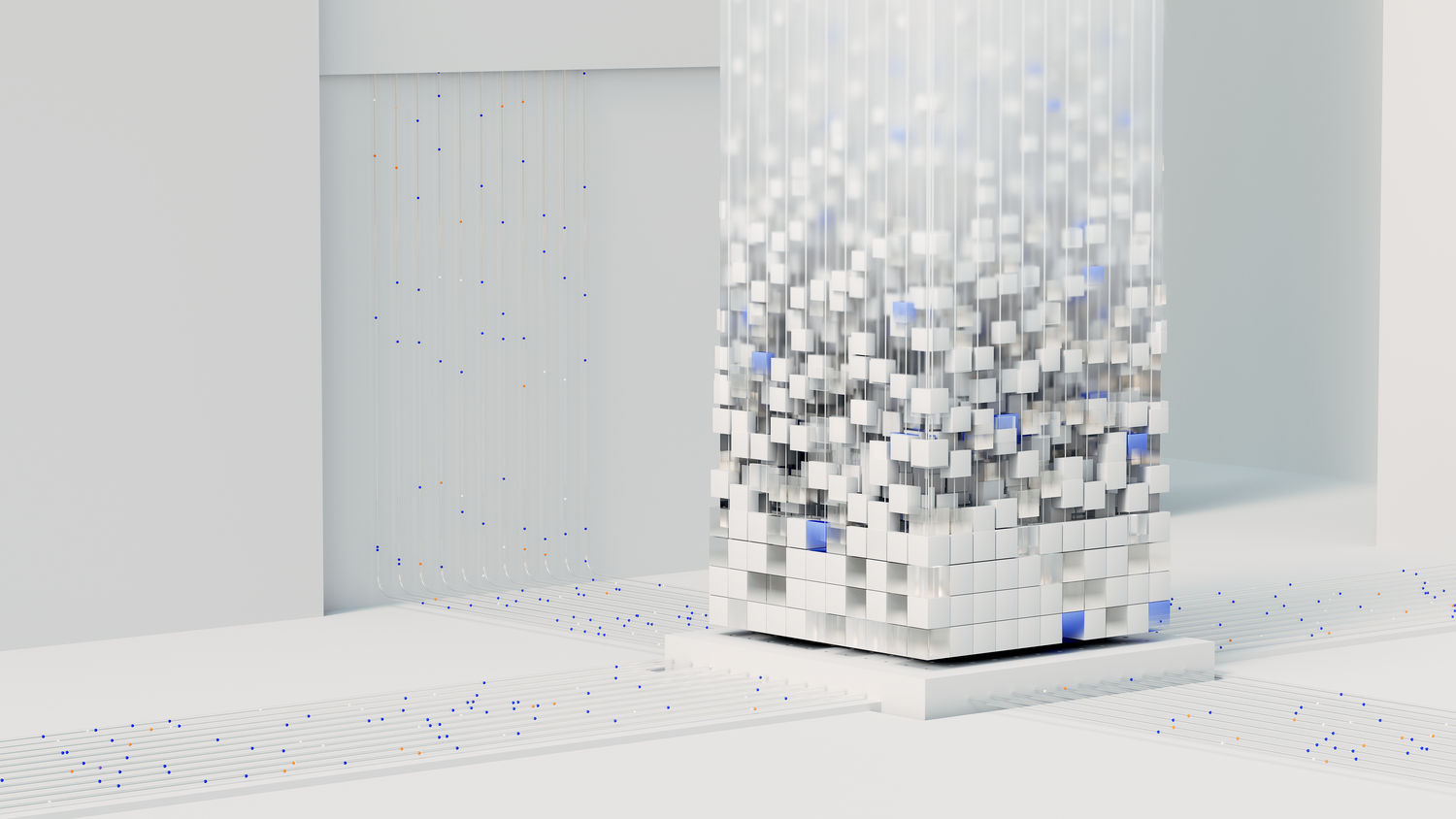 Representación abstracta en 3D de una red neuronal y el concepto de Inteligencia Artificial, ilustrando la parte conceptual de los LLM locales.