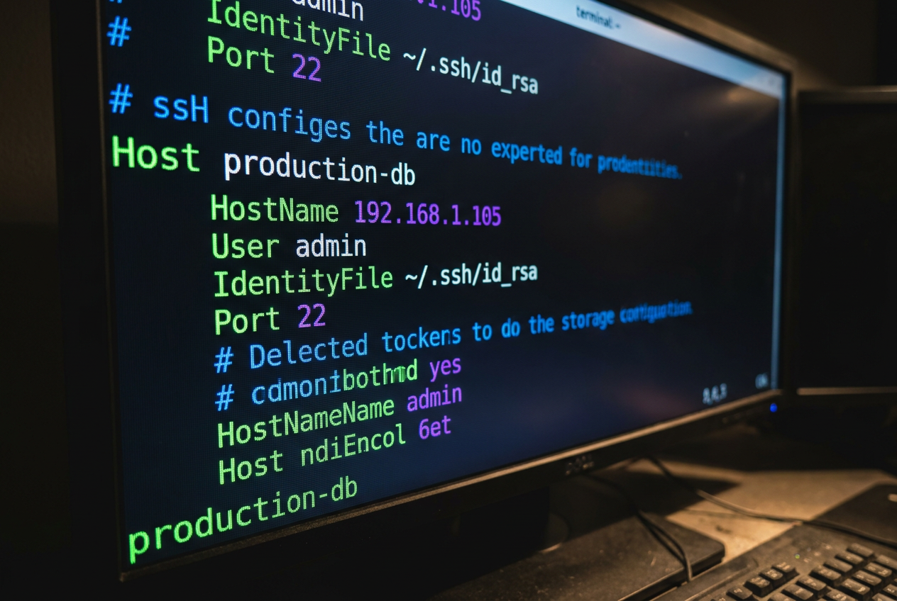 Detalle de código de configuración SSH en una terminal con modo oscuro y resaltado de sintaxis, representando la parte técnica del archivo ~/.ssh/config.