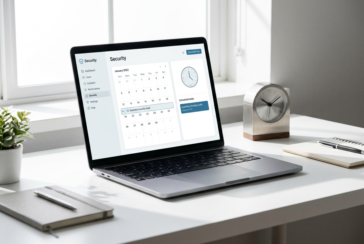 Portátil moderno con un reloj de escritorio, simbolizando la programación de análisis del antivirus.