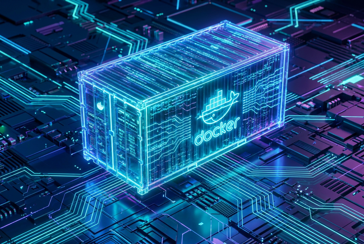 Conceptual 3D render of a glowing blue neon digital shipping container over a circuit board, symbolizing Docker containers.