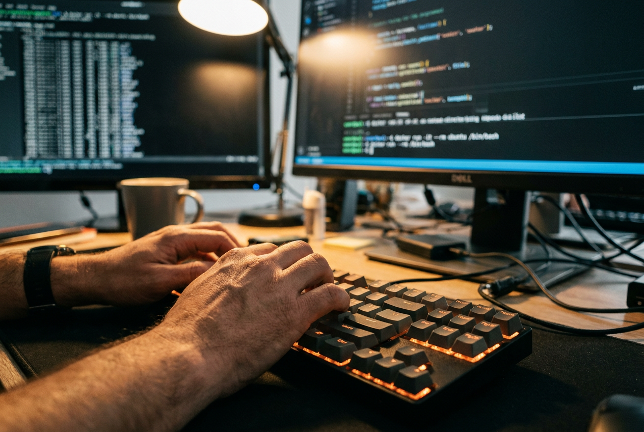 Close-up of a programmer's hands on a mechanical keyboard with a blurred monitor displaying a WSL terminal and Docker run command.