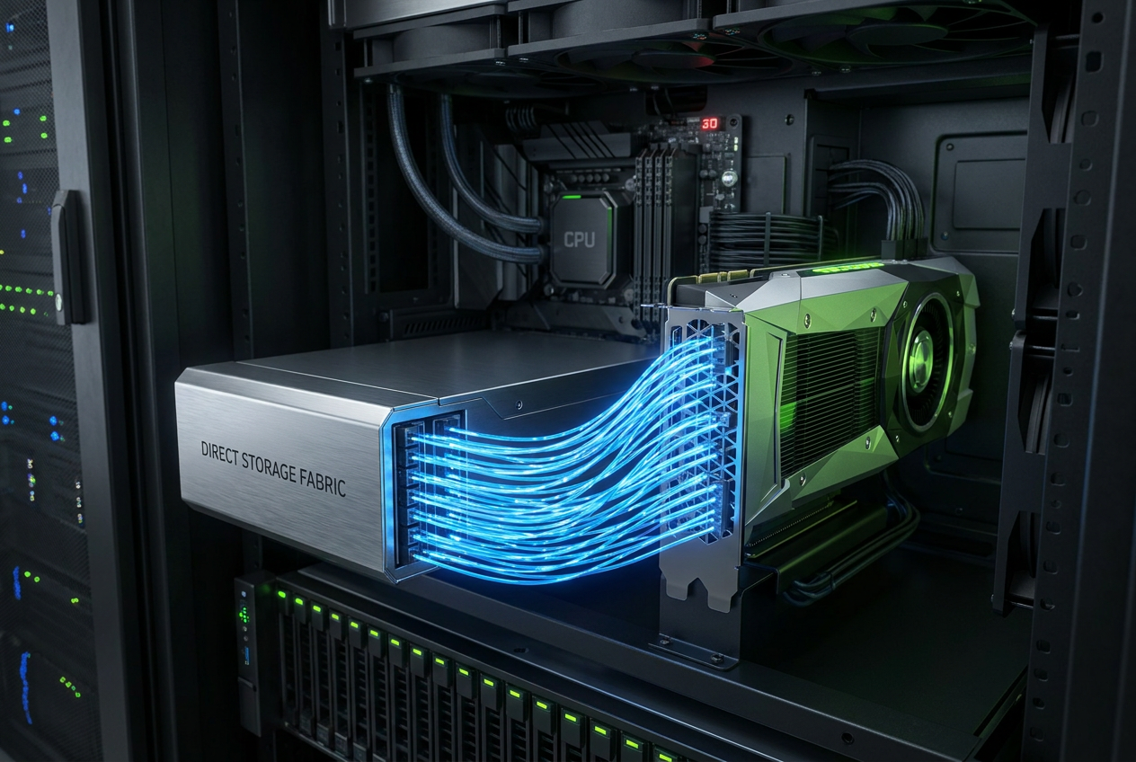 Conceptual visualization of a GPU-driven storage system with blue data streams flowing from NVMe storage to a GPU in a futuristic server environment.