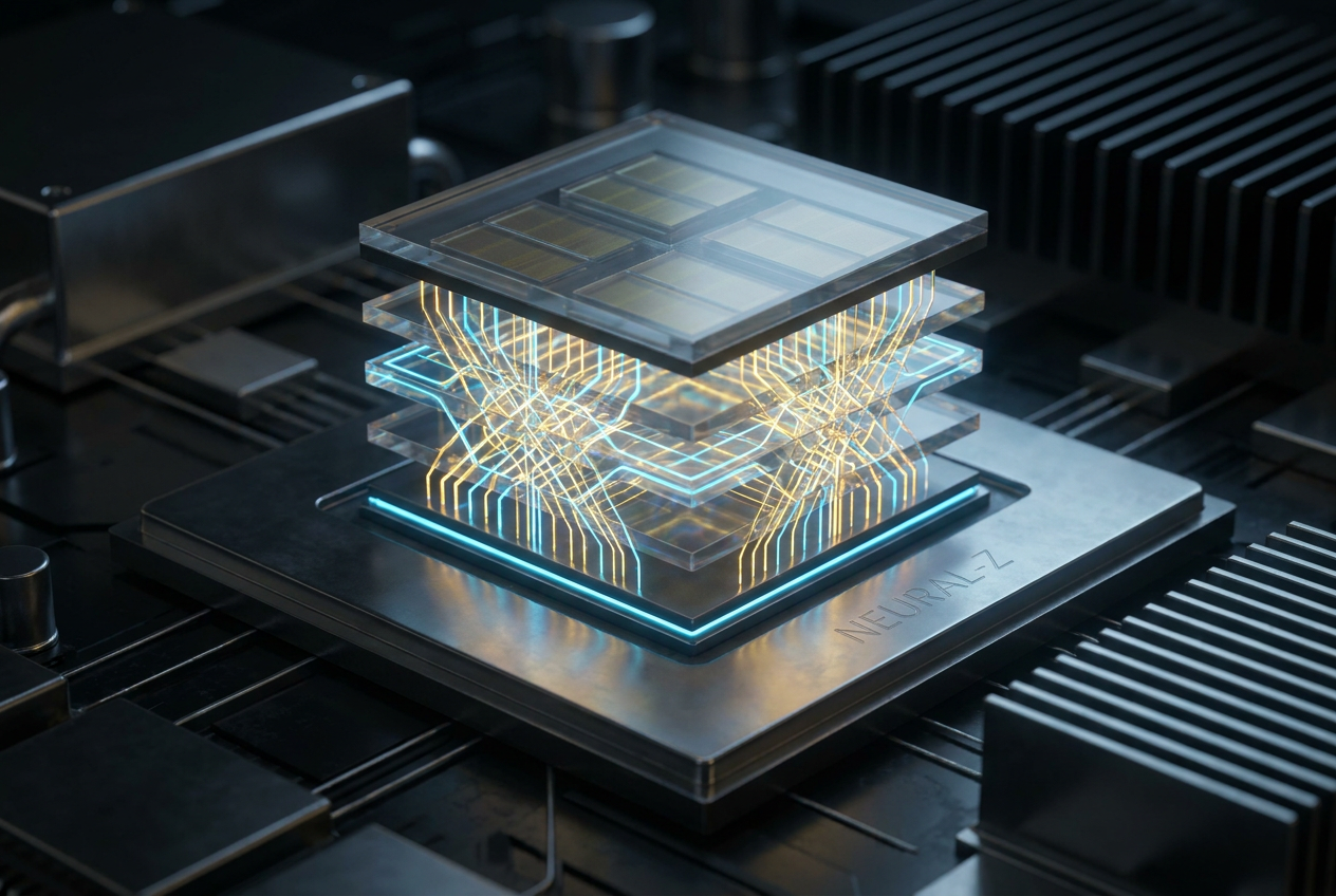 Conceptual 3D rendering of zHBM architecture with vertically stacked memory dies on a Neural-Z processor and glowing data interconnects.
