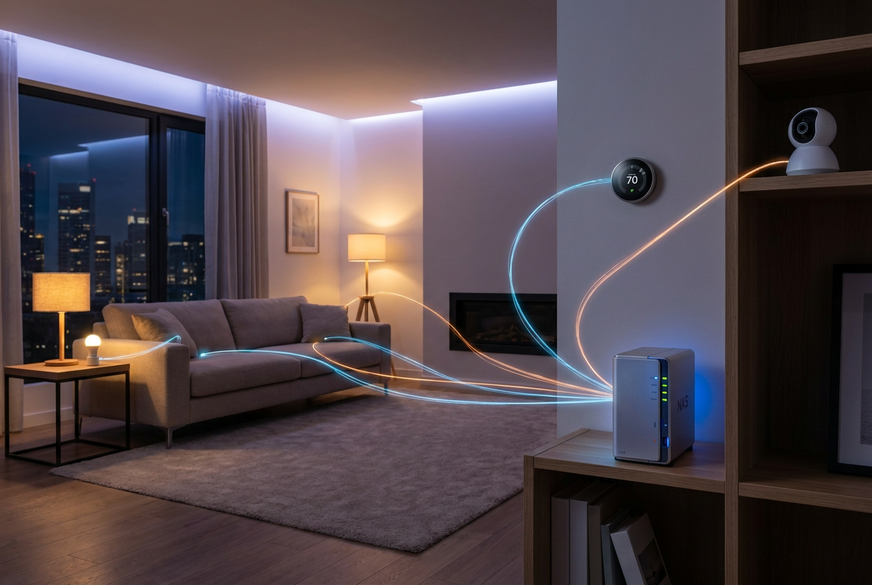 Servidor NAS actuando como hub de domótica, conectado mediante líneas de luz a dispositivos inteligentes del hogar.