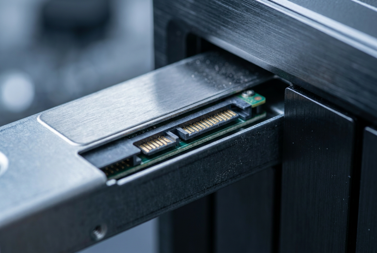 Primer plano detallado de un disco duro NAS siendo instalado en su bahía, resaltando el hardware y la tecnología CMR.