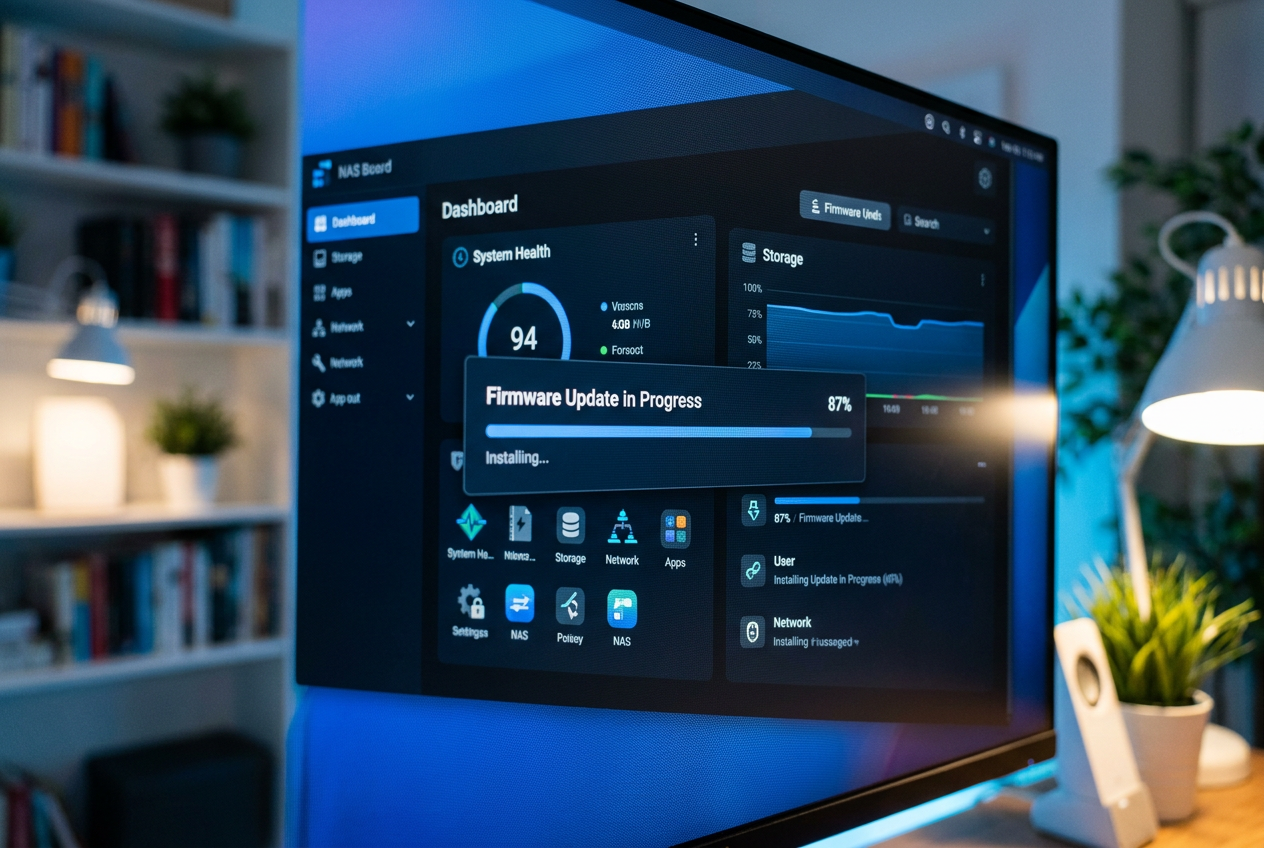 Pantalla de monitor mostrando la interfaz de administración de un NAS con una barra de progreso de actualización de firmware.