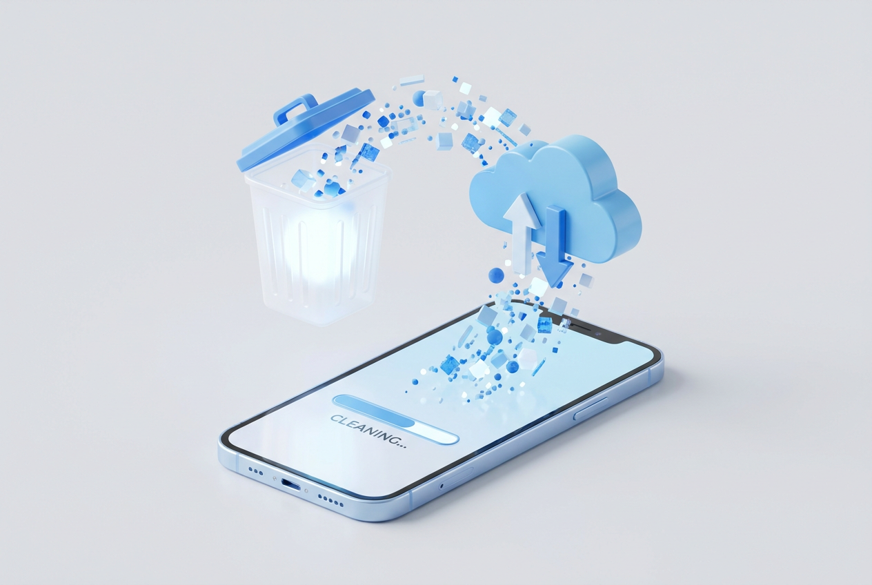 Representación conceptual en 3D de la limpieza digital de un smartphone, con un icono de papelera y una nube flotando sobre el dispositivo.