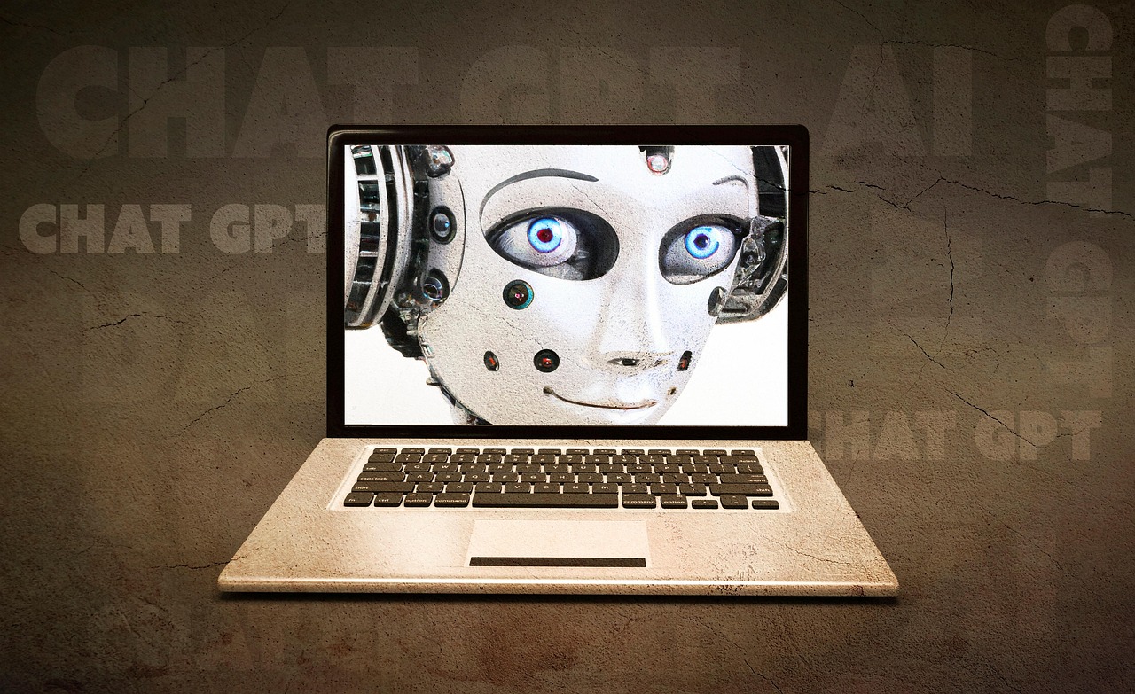 Representación conceptual de la inteligencia artificial integrada en un ordenador portátil en el entorno laboral.