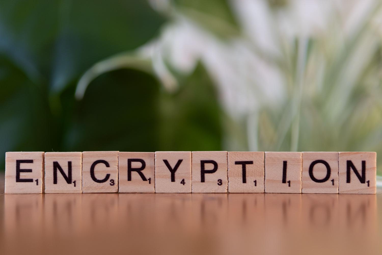 Bloques de madera formando la palabra 'encryption', simbolizando el cifrado de los datos y la seguridad de la privacidad en Syncthing.