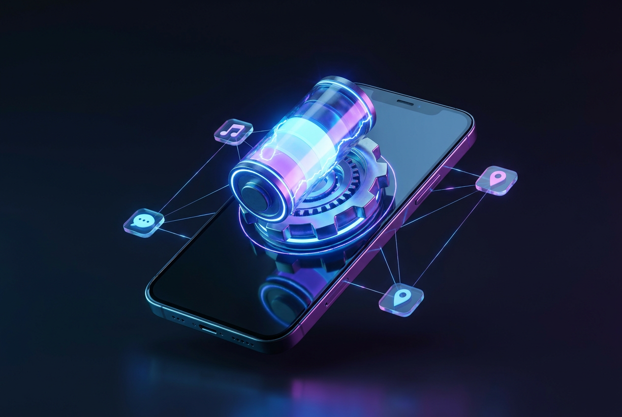 Concepto visual de optimización de batería y gestión de procesos en segundo plano de un smartphone.
